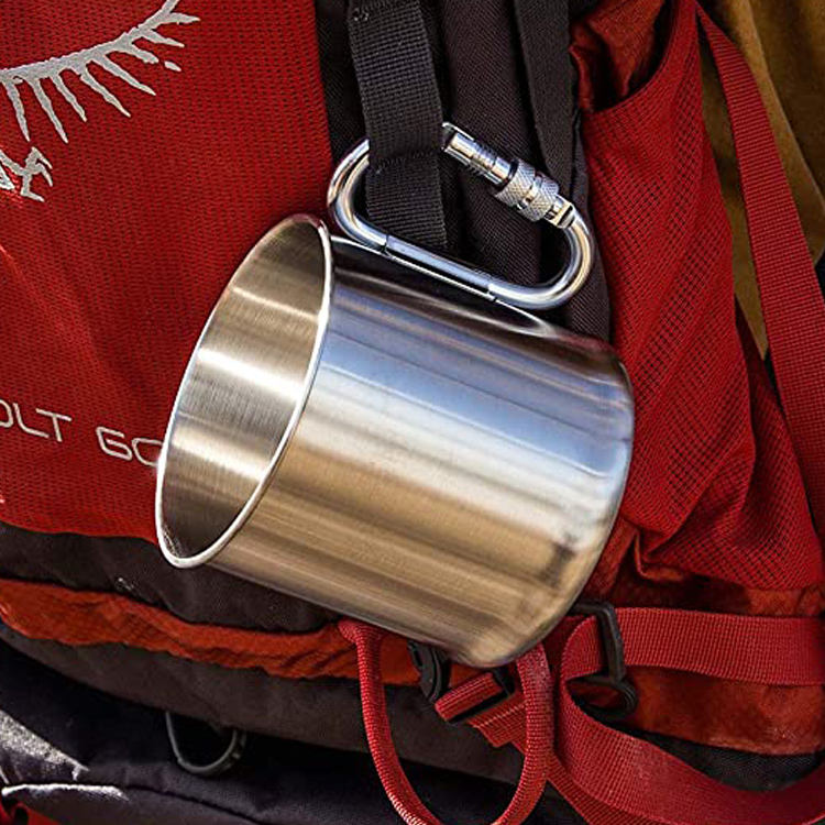 carabiner mug بالجملة مزدوج الجدار الفولاذ المقاوم للصدأ فنجان القهوة التخييم البهلوانات مع Carabiner Mug