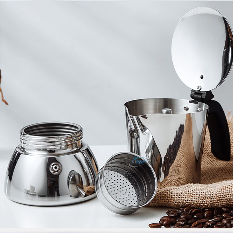 وعاء موكا من الفولاذ المقاوم للصدأ Inox 18/8 Espresso Maker Mocha Pot Heat Induction متوفر بمقبض من النايلون